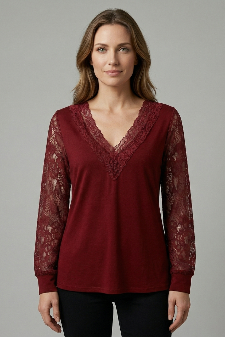 Women’s Blouse with V Neckline and Lace Sleeves