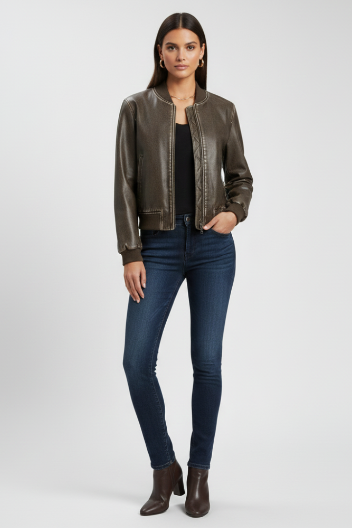 Women’s Bomber Jacket with Collared Neck and Woven Outer Surface