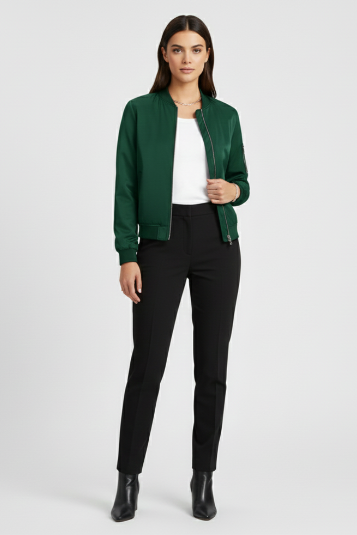 Women’s Bomber Jacket with Front Zip and Ribbed Hem
