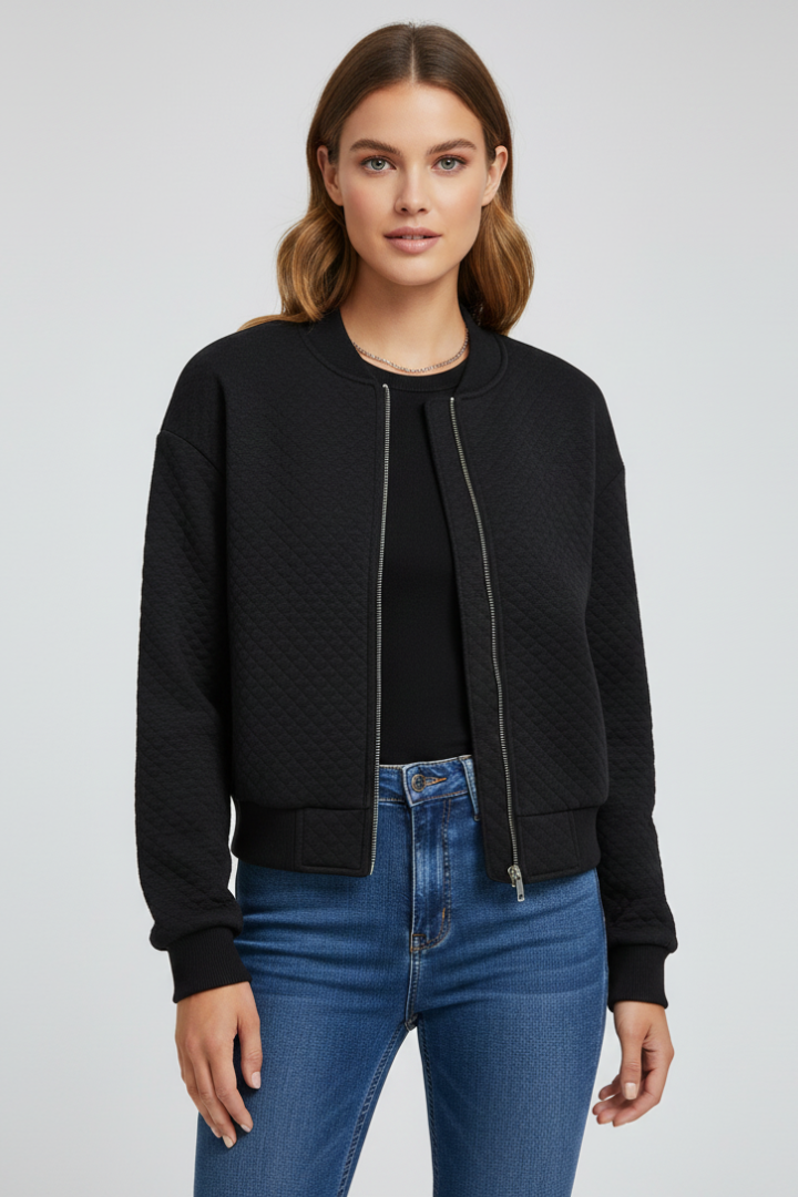 Women’s Bomber Jacket with Quilted Surface and Ribbed Details