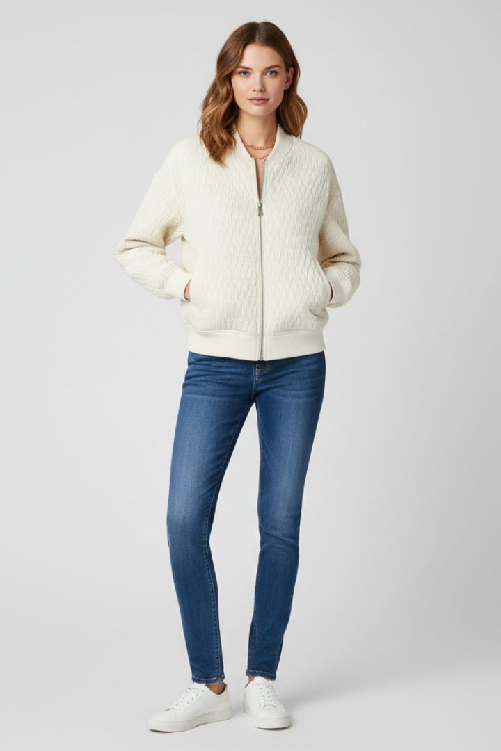Women’s Bomber Jacket with Quilted Surface and Ribbed Hem