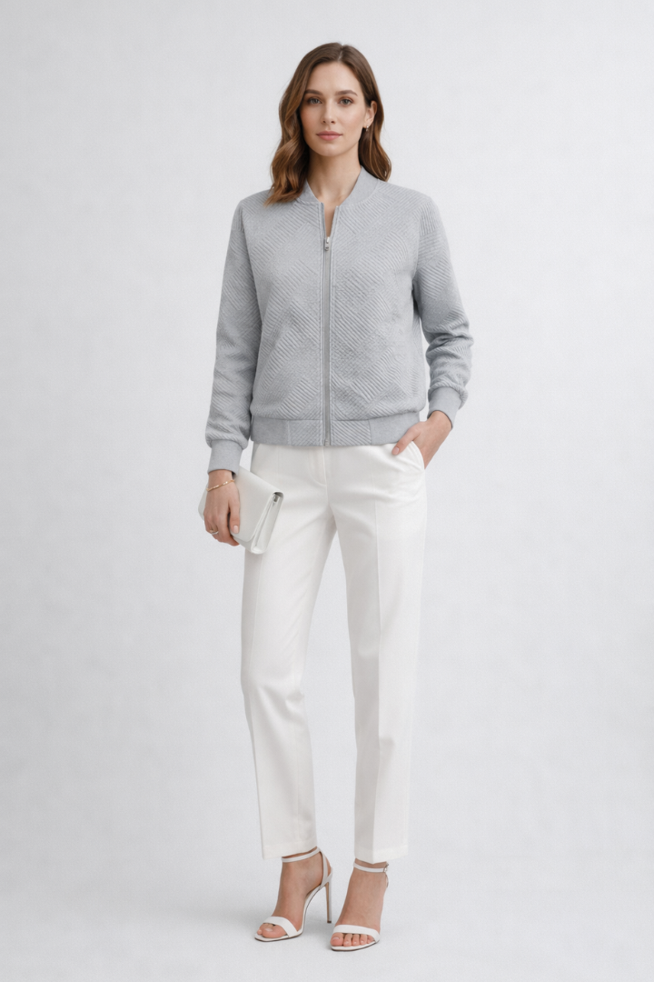 Women’s Bomber Jacket with Textured Surface and Ribbed Details