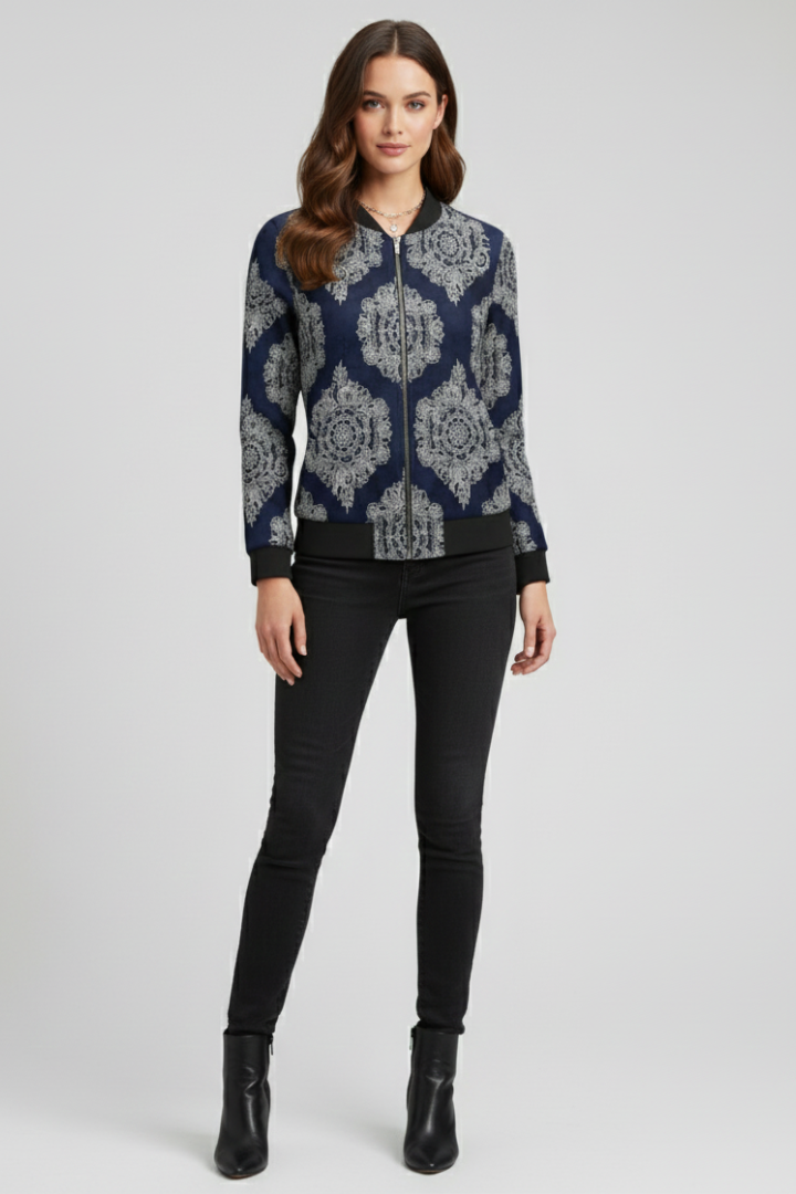 Women’s Bomber Jacket with Zip Closure and Floral Print