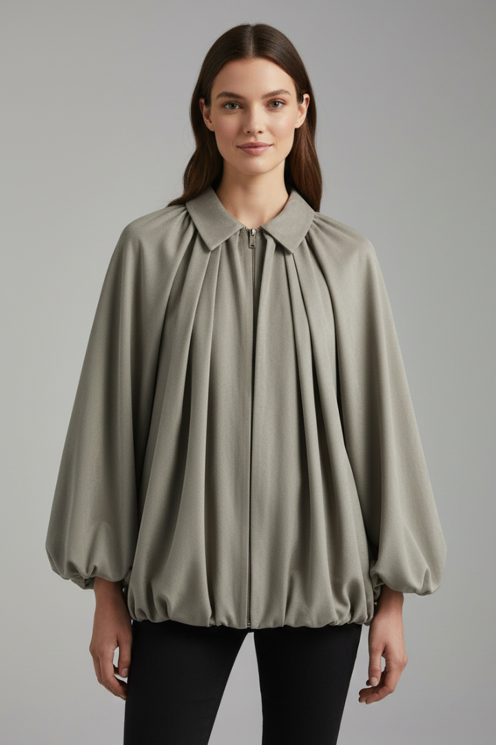 Women’s Bomber Jacket with Zip Front and Puff Sleeves