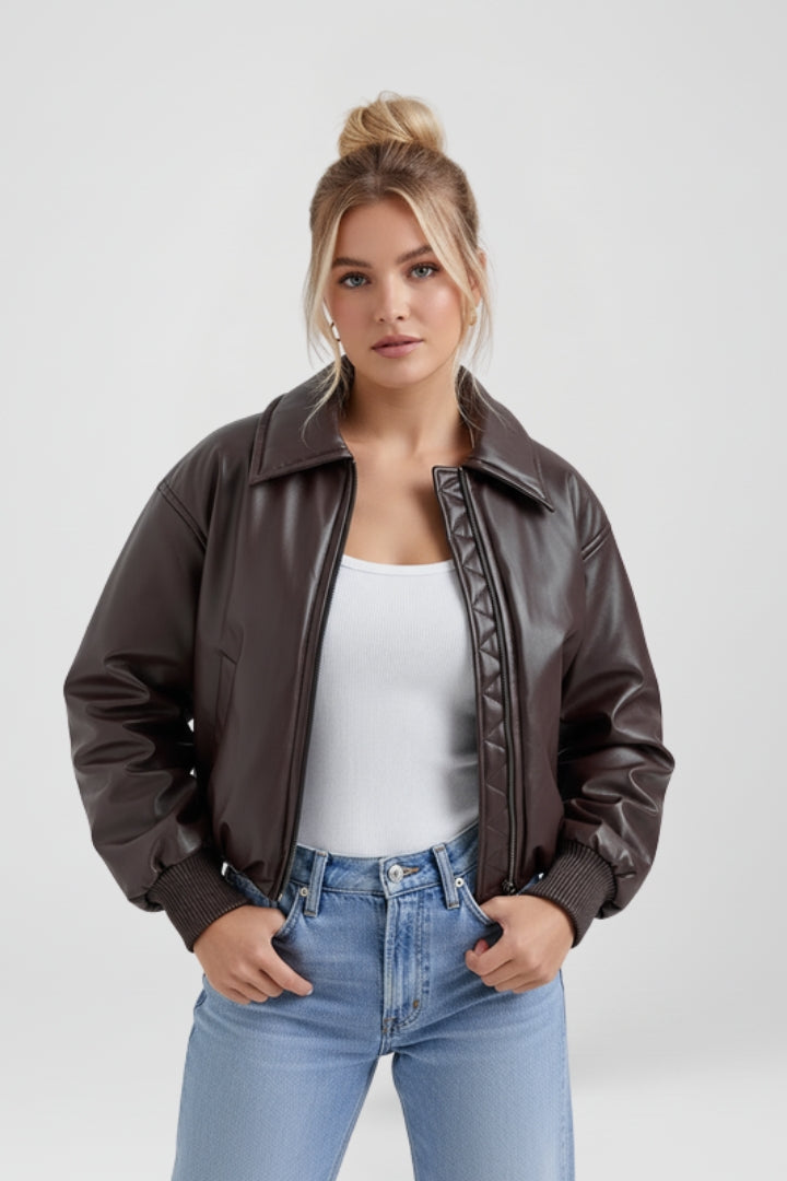 Women’s Bomber Jacket with Zip Front and Ribbed Edges