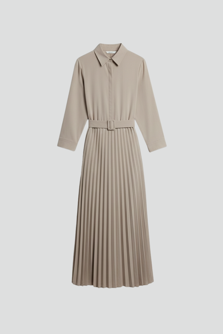 Women’s Button-Up Midi Dress with Belted Waist and Pleated Skirt