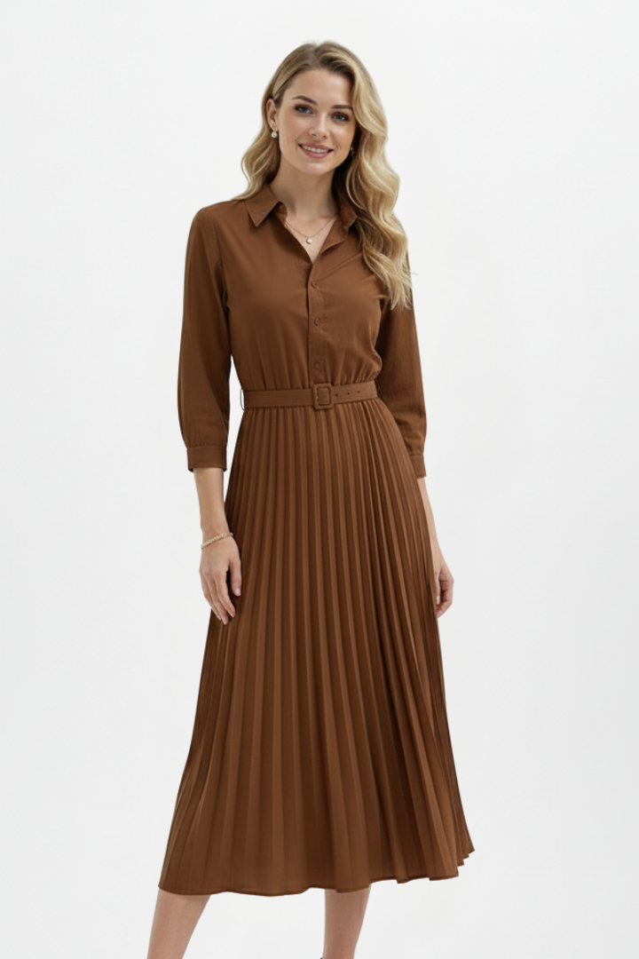 Women’s Button-Up Midi Dress with Belted Waist and Pleated Skirt
