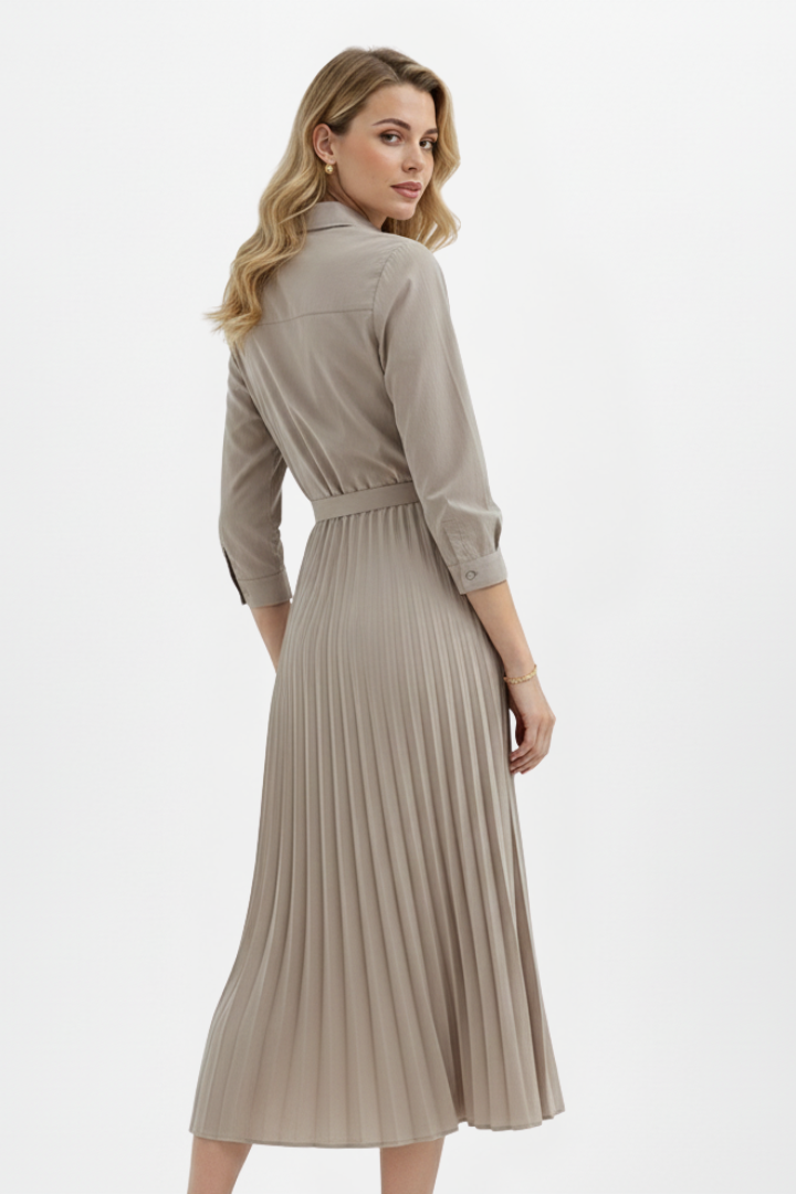Women’s Button-Up Midi Dress with Belted Waist and Pleated Skirt