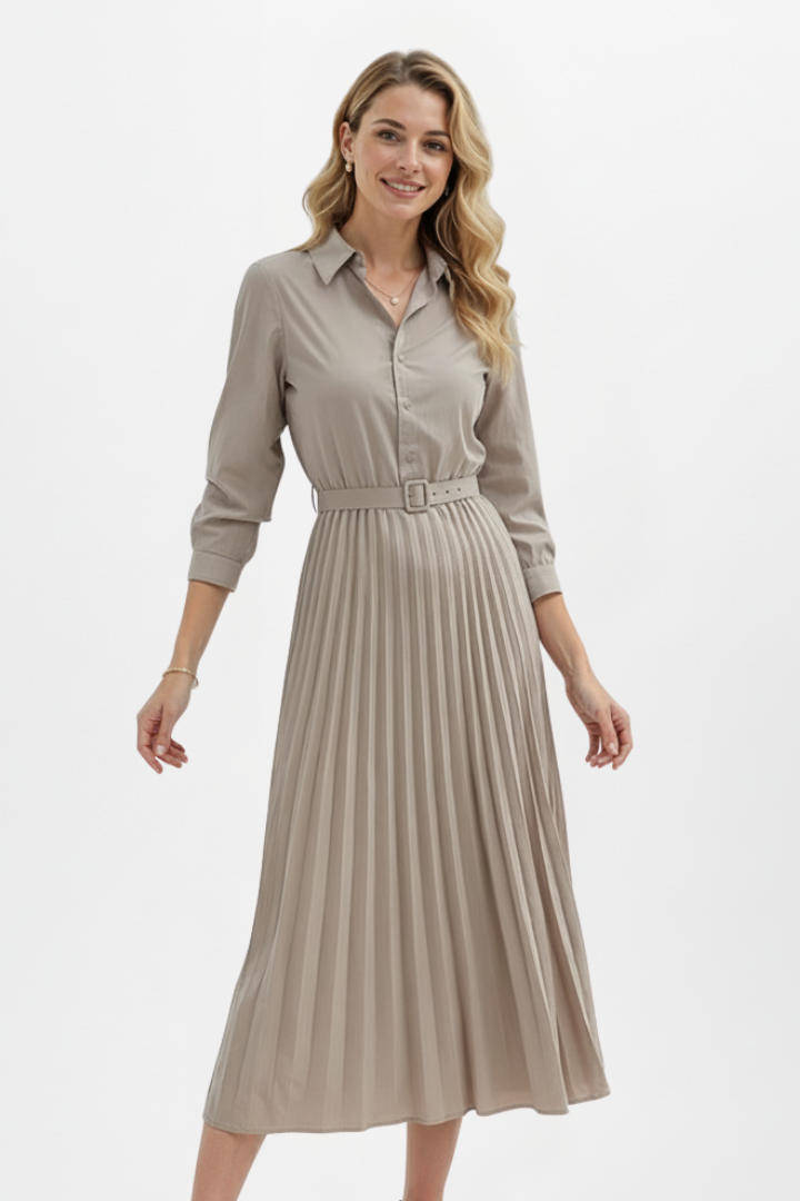 Women’s Button-Up Midi Dress with Belted Waist and Pleated Skirt