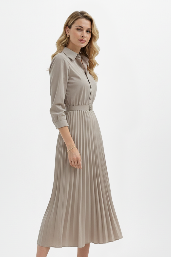 Women’s Button-Up Midi Dress with Belted Waist and Pleated Skirt