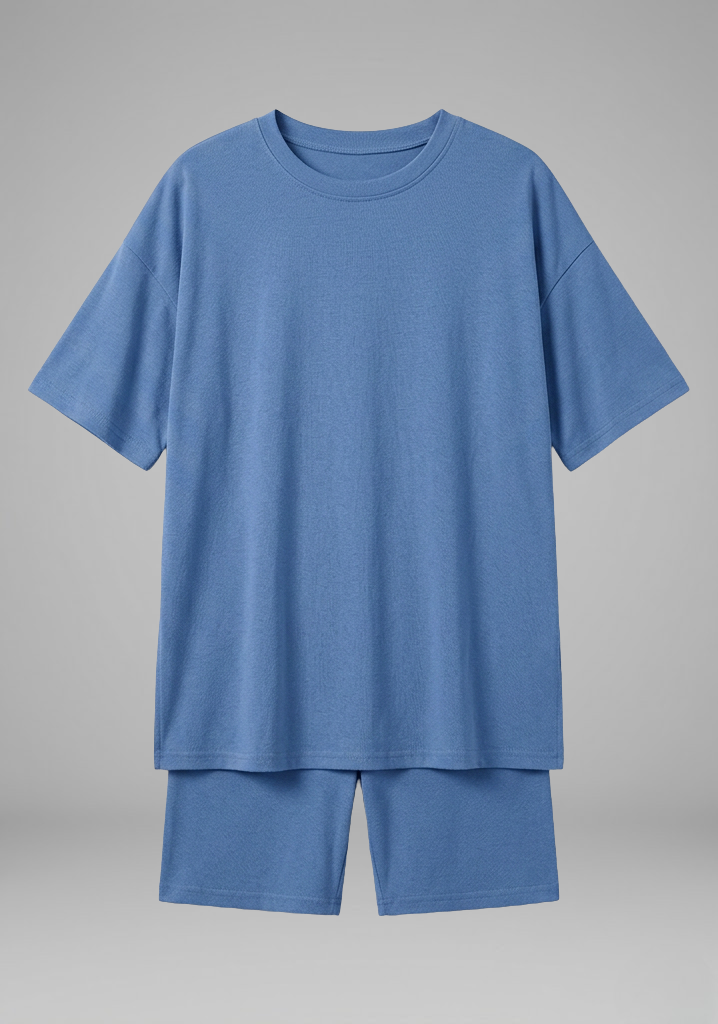 Women’s Casual Two-Piece Set with Oversized Round-Neck Top and Biker Shorts