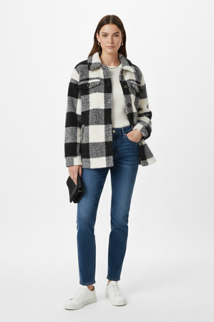 Women’s Checkered Jacket with Button Closure and Practical Pockets
