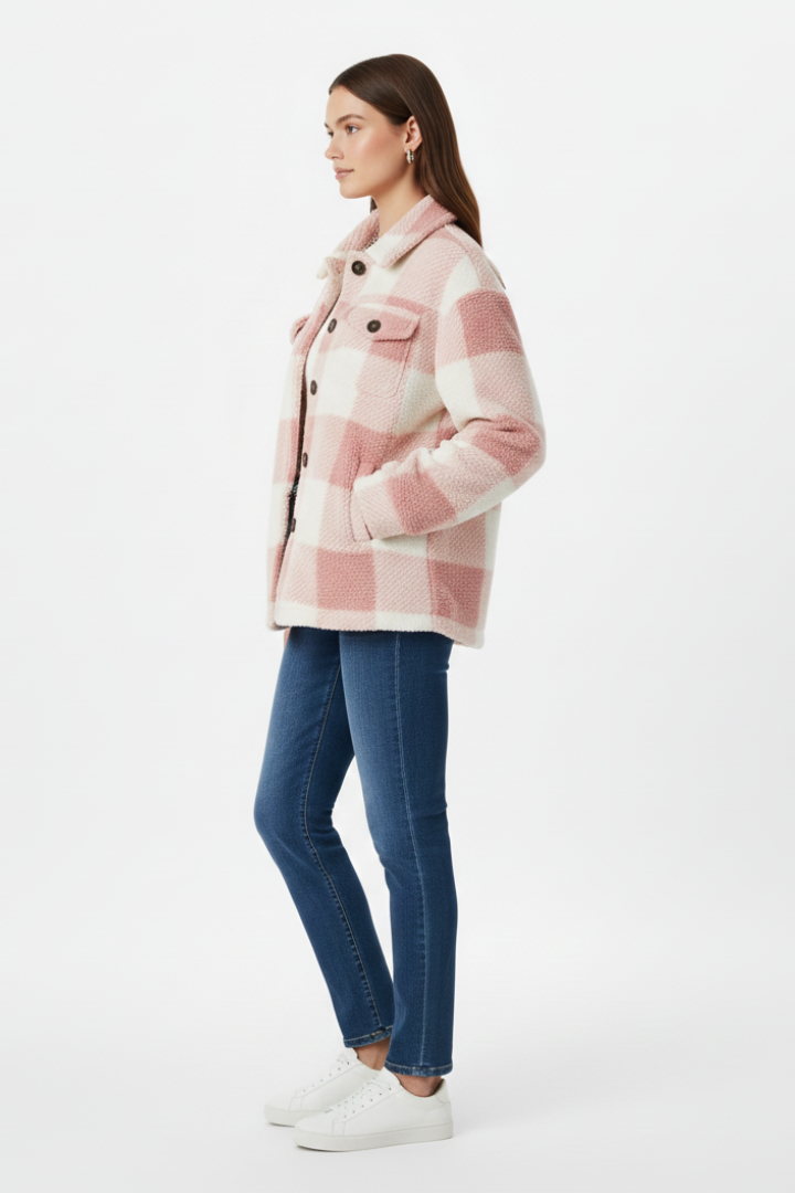 Women’s Checkered Jacket with Button Closure and Practical Pockets