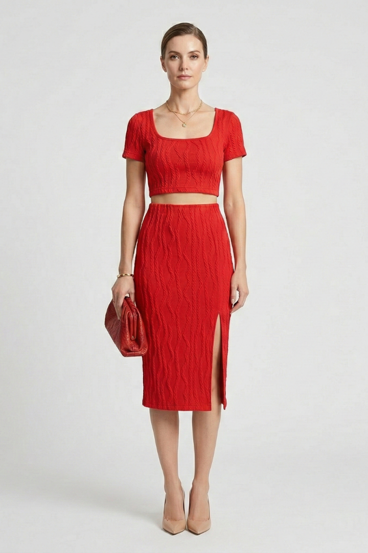 Women’s Crop Top and Maxi Skirt with Square Neck and Side Slit