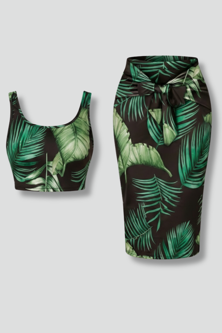 Women’s Crop Top and Midi Skirt with Sleeveless Cut and Tie Waist