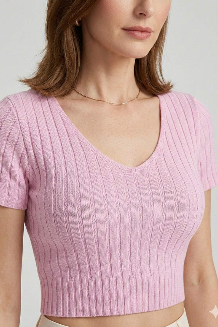 Women’s Crop Top with Short Sleeves and Ribbed Surface