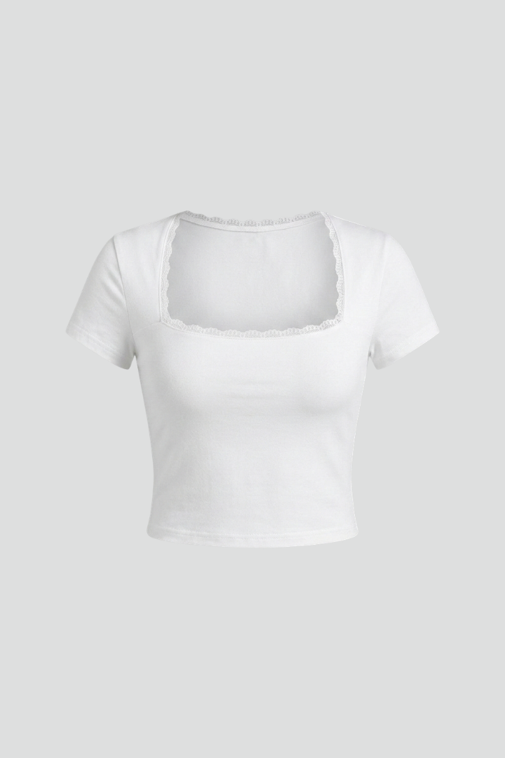 Women’s Crop Top with Square Neck and Lace Trim