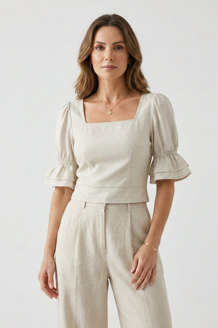 Women’s Crop Top with Square Neck and Puff Sleeves