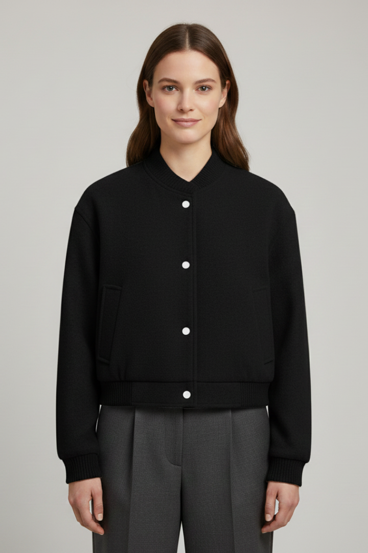 Women’s Cropped Jacket with Snap Fastening and Ribbed Cuffs
