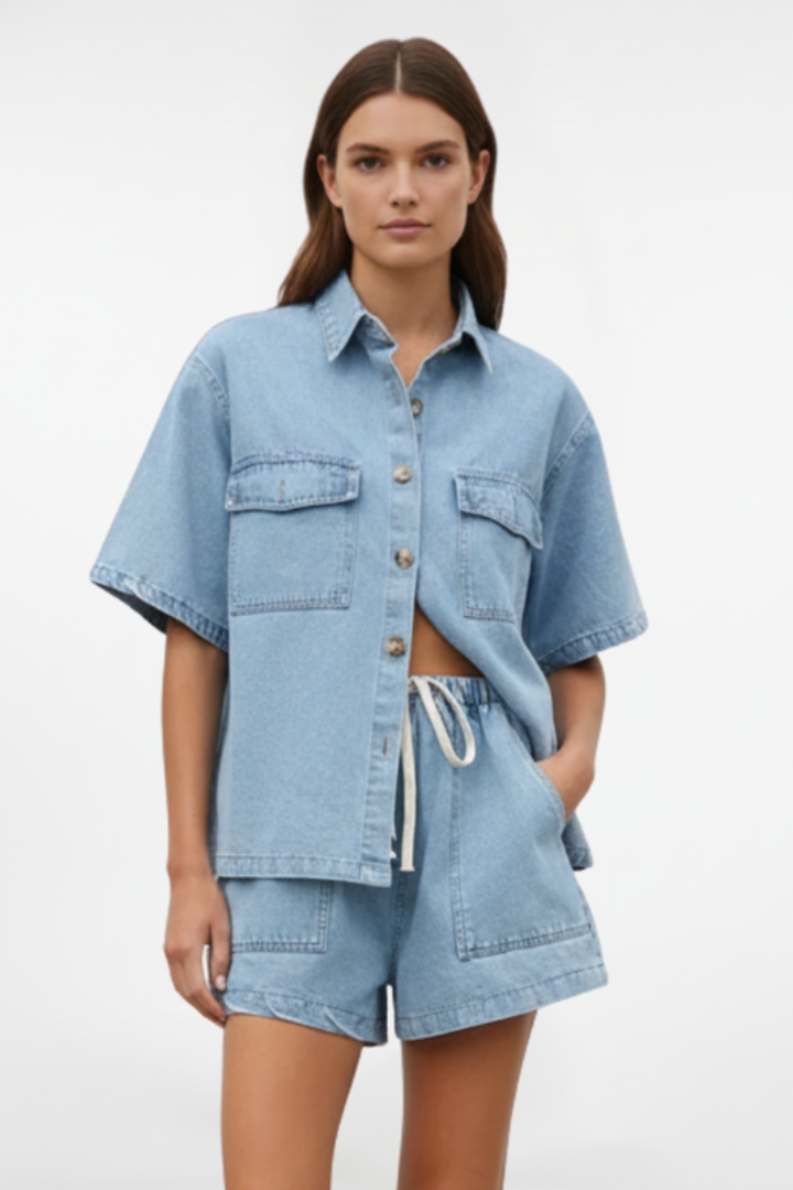 Women’s Denim Set with Short-Sleeve Shirt Jacket and Shorts