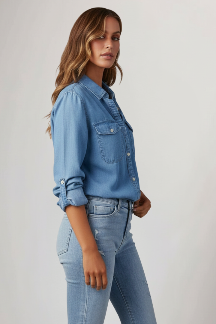 Women’s Denim Shirt with Button Front and Long Sleeves