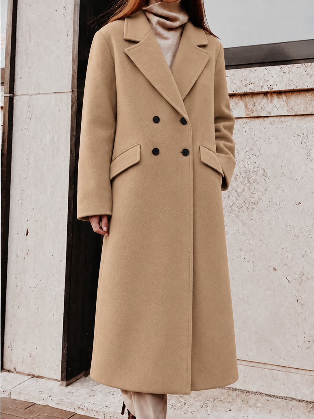 Women's Double-Breasted Long Coat with Notched Lapel