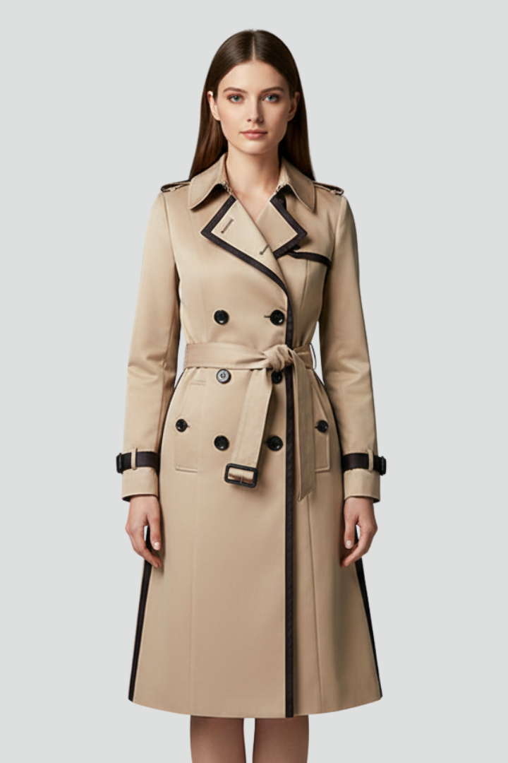 Women’s Double-Button Trench Coat with Belt and Lapel Collar