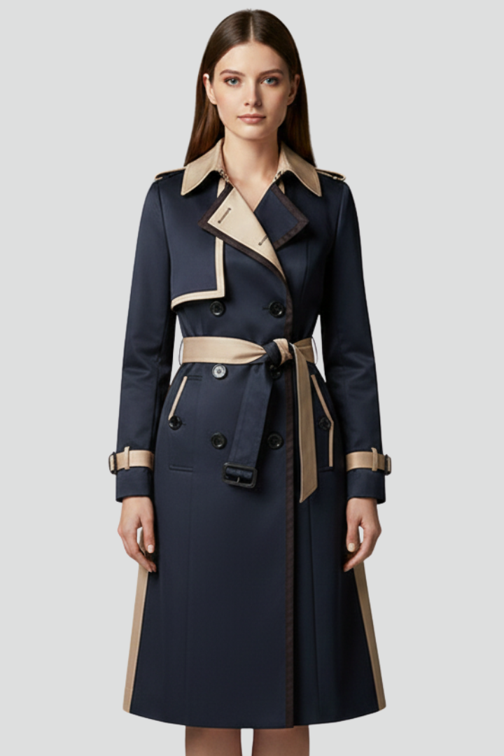 Women’s Double-Button Trench Coat with Belt and Lapel Collar