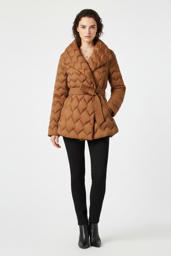 Women’s Down Coat with Belted Waist and Deep Pockets