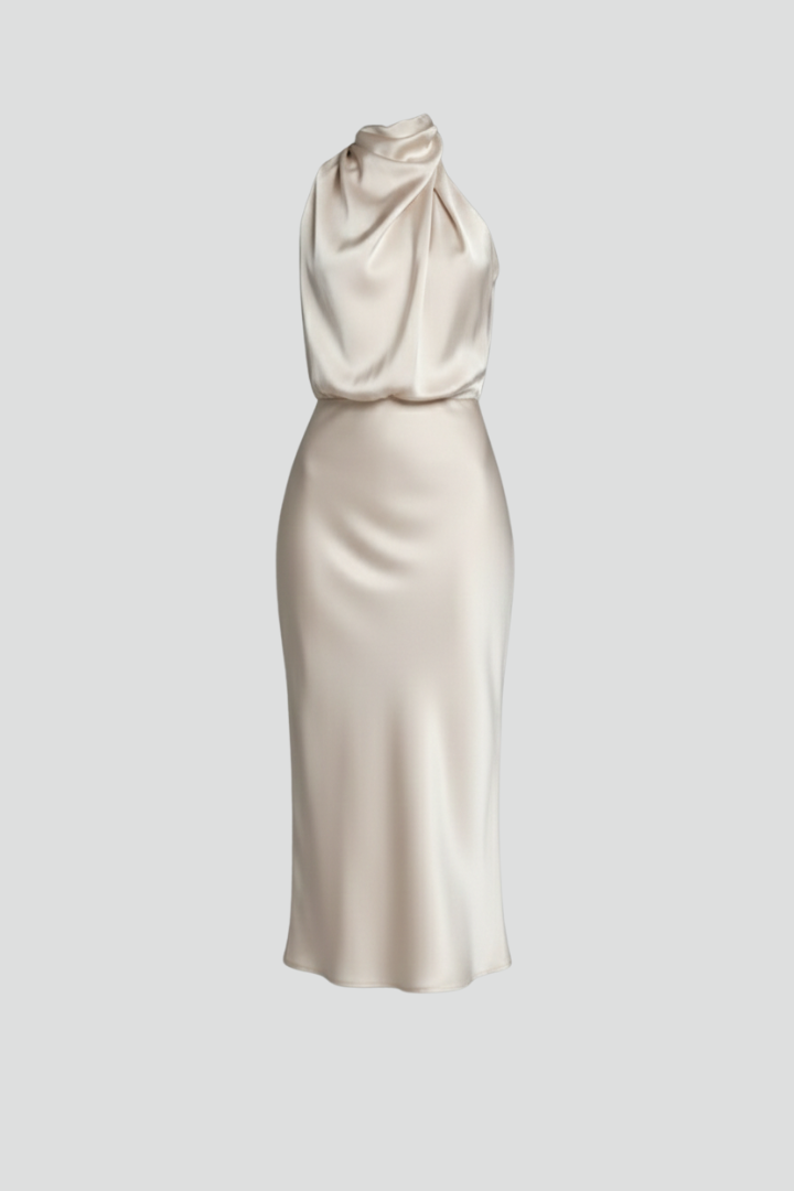 Women’s Dress with High Neck and Draped Front