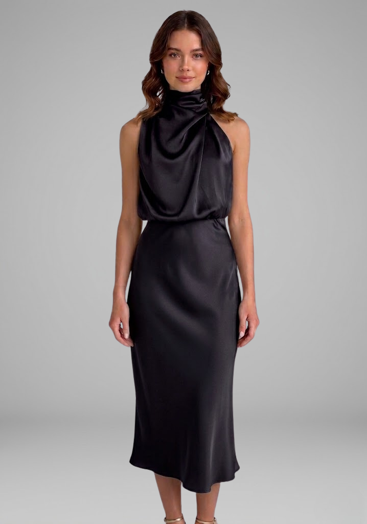 Women’s Dress with High Neck and Draped Front