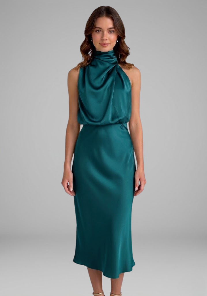 Women’s Dress with High Neck and Draped Front