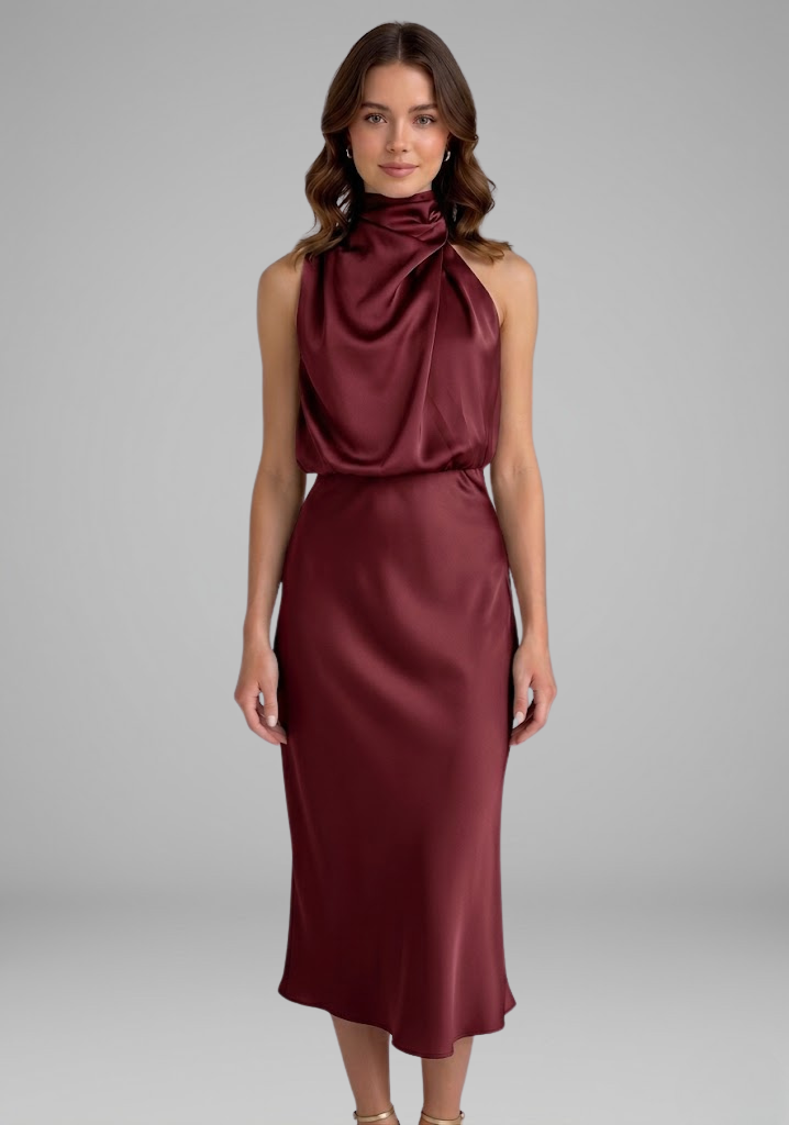 Women’s Dress with High Neck and Draped Front