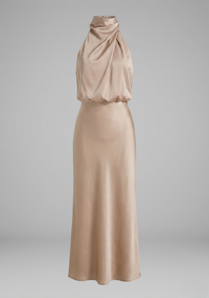 Women’s Dress with High Neck and Draped Front