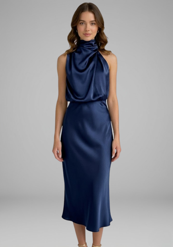 Women’s Dress with High Neck and Draped Front