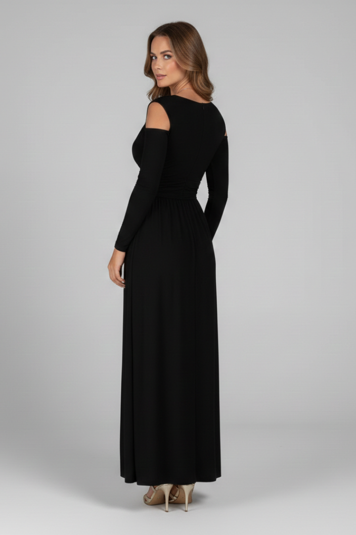 Women’s Dress with Lace Appliques and Tiered Skirt with V Neckline and Side Slit