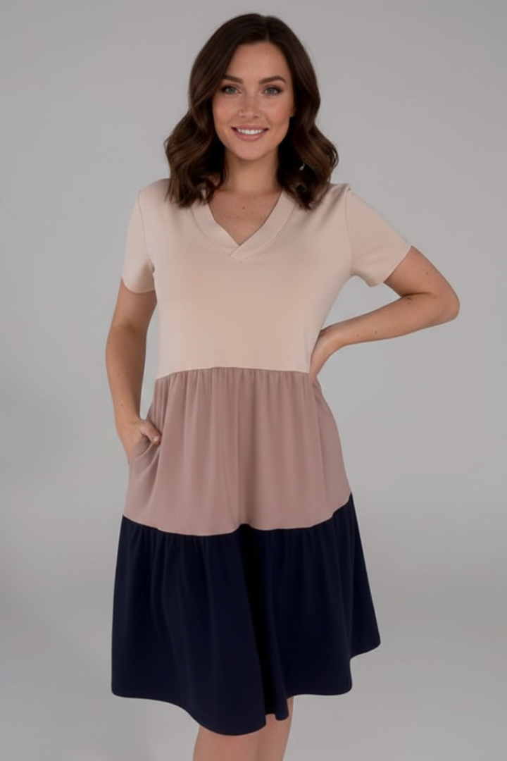 Women’s Dress with Round Neckline and Colour-Block Panels