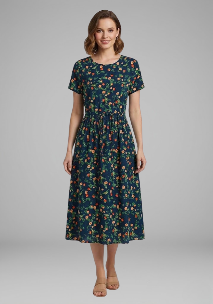 Women’s Dress with Round Neckline and Waist Tie