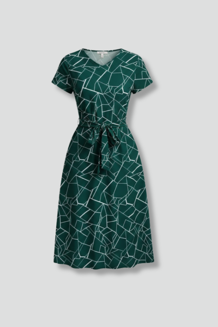Women’s Dress with Round Neckline and Waist Tie