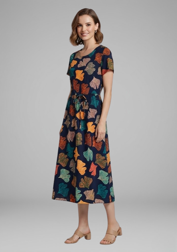 Women’s Dress with Round Neckline and Waist Tie