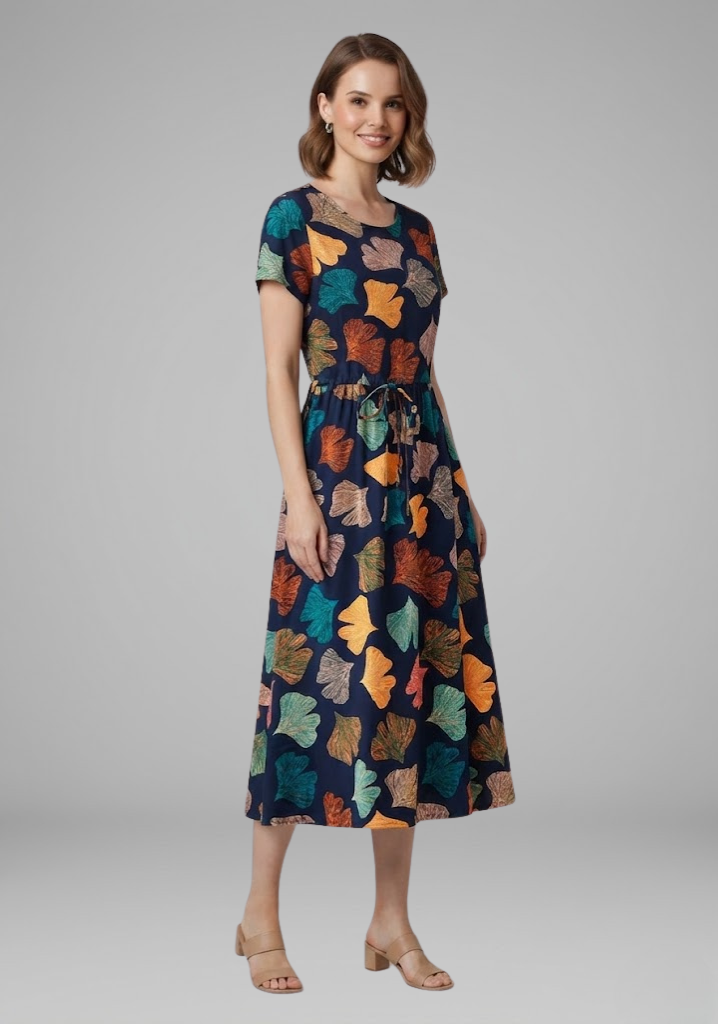 Women’s Dress with Round Neckline and Waist Tie