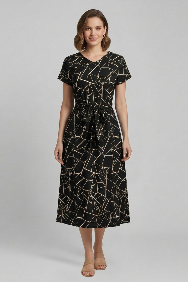 Women’s Dress with Round Neckline and Waist Tie