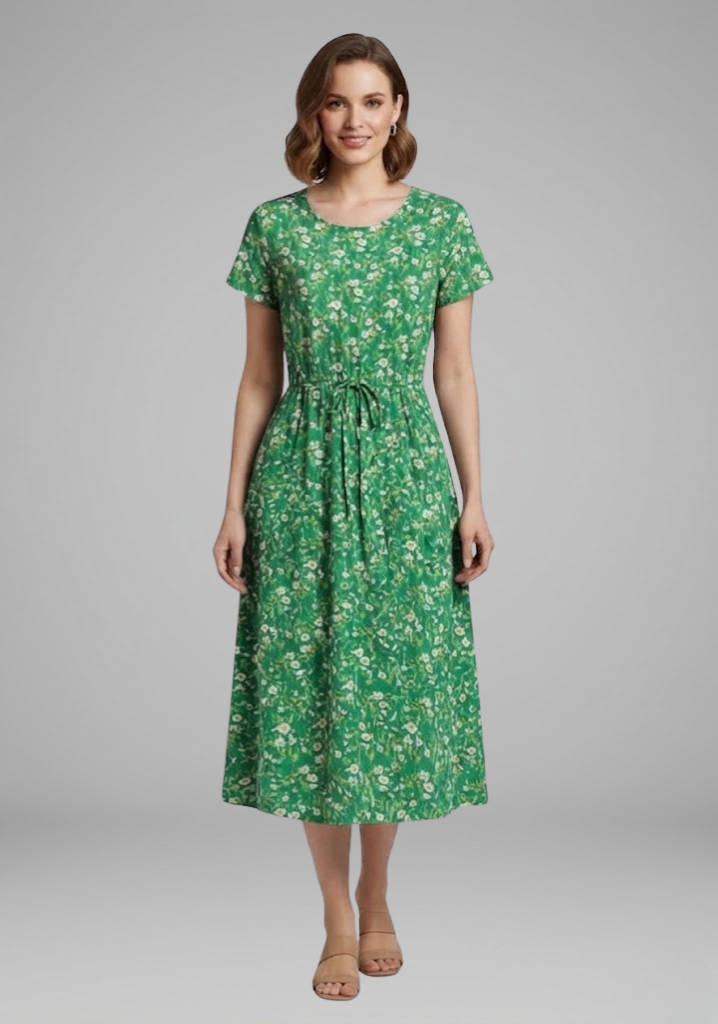 Women’s Dress with Round Neckline and Waist Tie