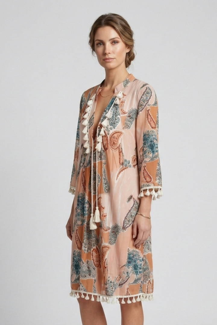 Women’s Dress with V-Neck and Ruffle Trim