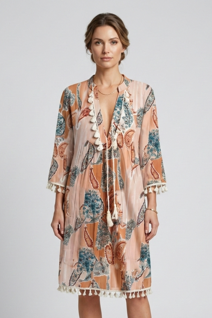 Women’s Dress with V-Neck and Ruffle Trim