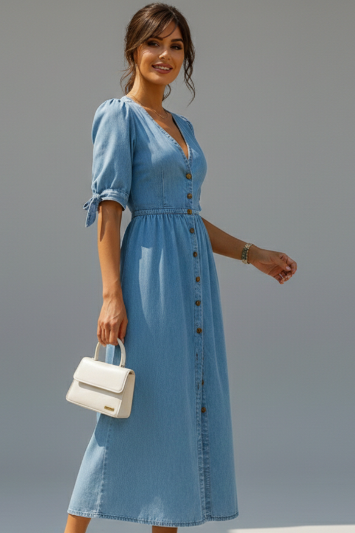 Women’s Dress with V-Neckline and Button Placket