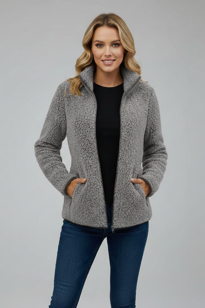 Women's Fleece Jacket with Stand-Up Collar and Zip Fastening