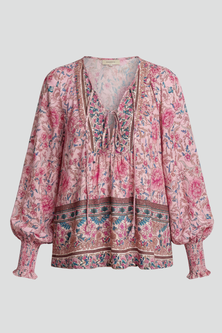 Women’s Floral Blouse with V-Neckline and Tie Detail