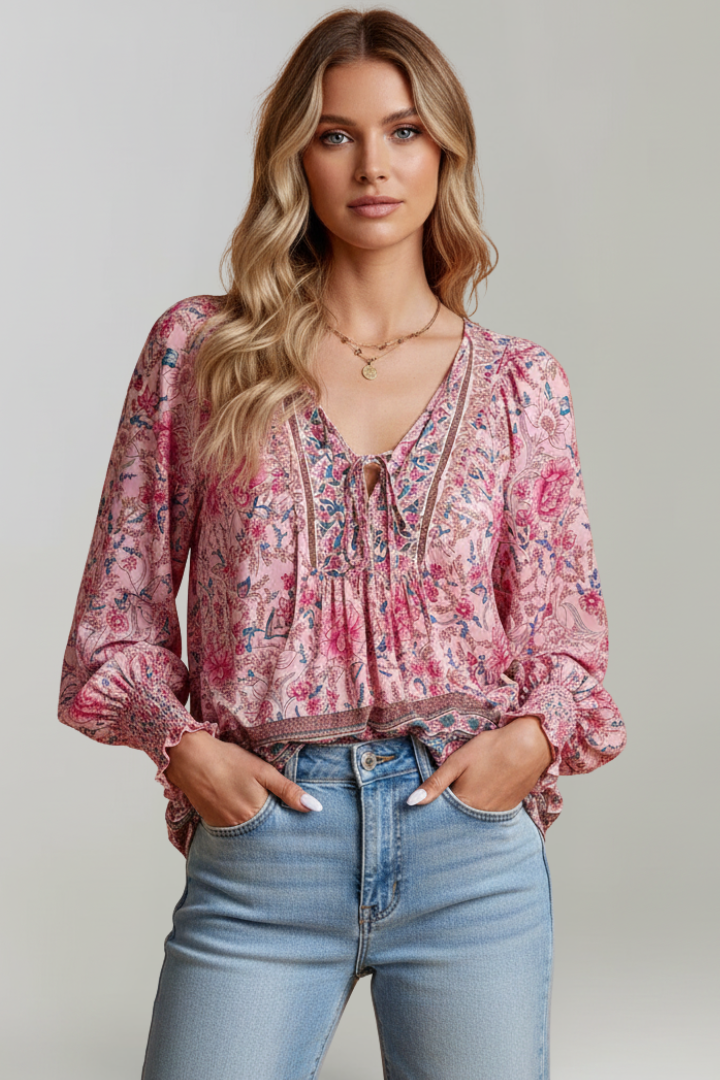 Women’s Floral Blouse with V-Neckline and Tie Detail