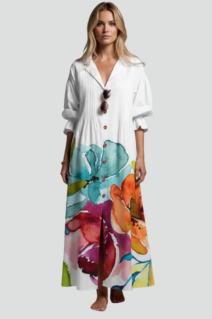 Women’s Floral Maxi Dress with Long Sleeves and V-Neck